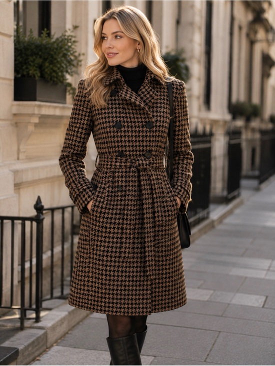 J. Crew Jackets & Blazers - J. Crew Wool-Blend Brown Houndstooth Belted Double Breasted Coat Dress 6